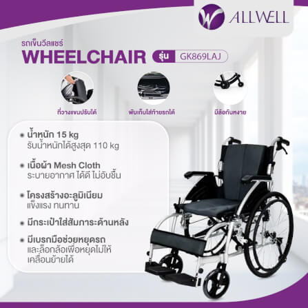 รถเข็นวีลแชร์ เกรดเครื่องมือแพทย์ ALLWELL ล้อ 24 นิ้ว สีดำ มีล้อหลังกันหงาย ที่พักแขนปรับได้_1